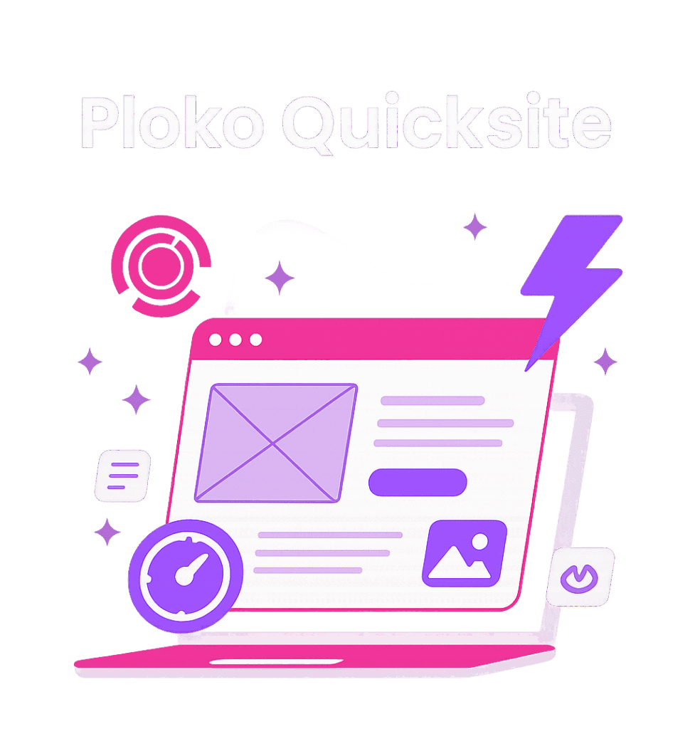 Illustratie van Ploko Quicksite: een razendsnelle website-oplossing met bliksemschicht, snelheidssymbool en visueel ontwerp.