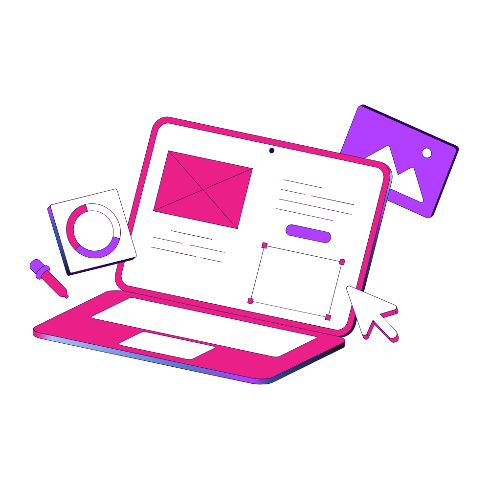 Illustration of a laptop with web design elements in fuchsia and purple
