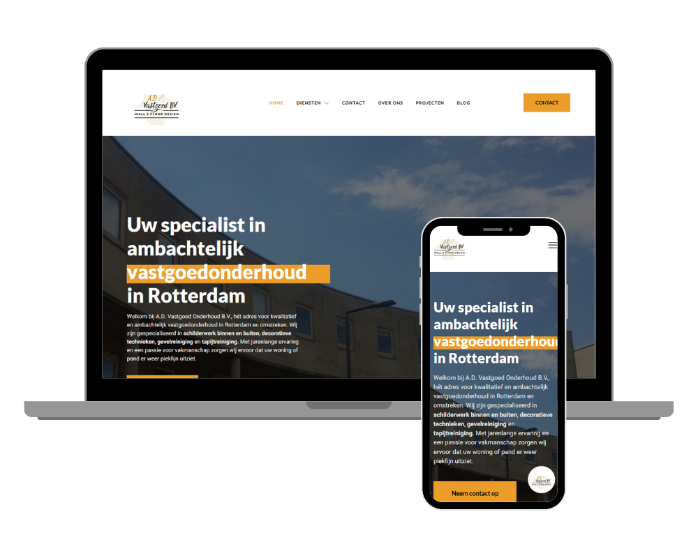 Responsive web design for A.D. Vastgoed Onderhoud B.V. on laptop and smartphone, focusing on property maintenance in Rotterdam.