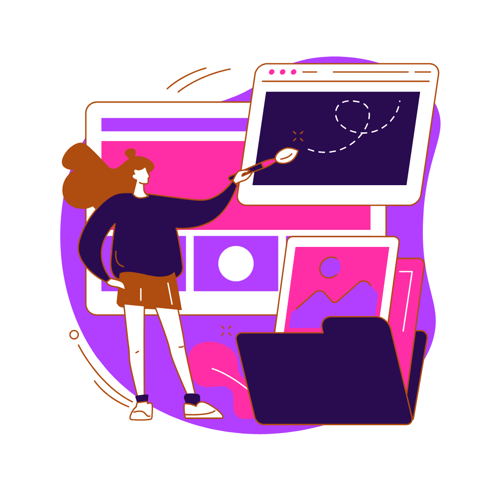 Illustration of a female web designer designing a website with colorful screens and folders in the background.
