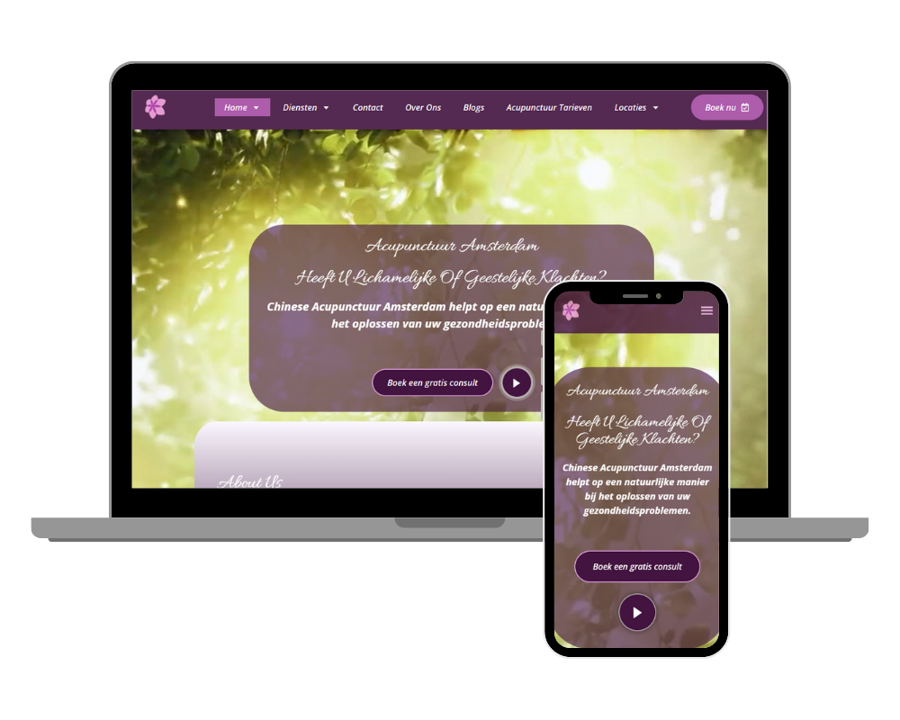 Screenshot of Avicenna Acupuncture's responsive website, shown on laptop and mobile, with purple and green colors and a “Book a Free Consultation” call-to-action button.