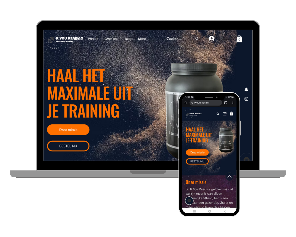 Screenshot of the R You Ready 2 website on laptop and mobile, with orange call-to-actions, a large protein jar and the slogan “Get the most out of your workout.”.