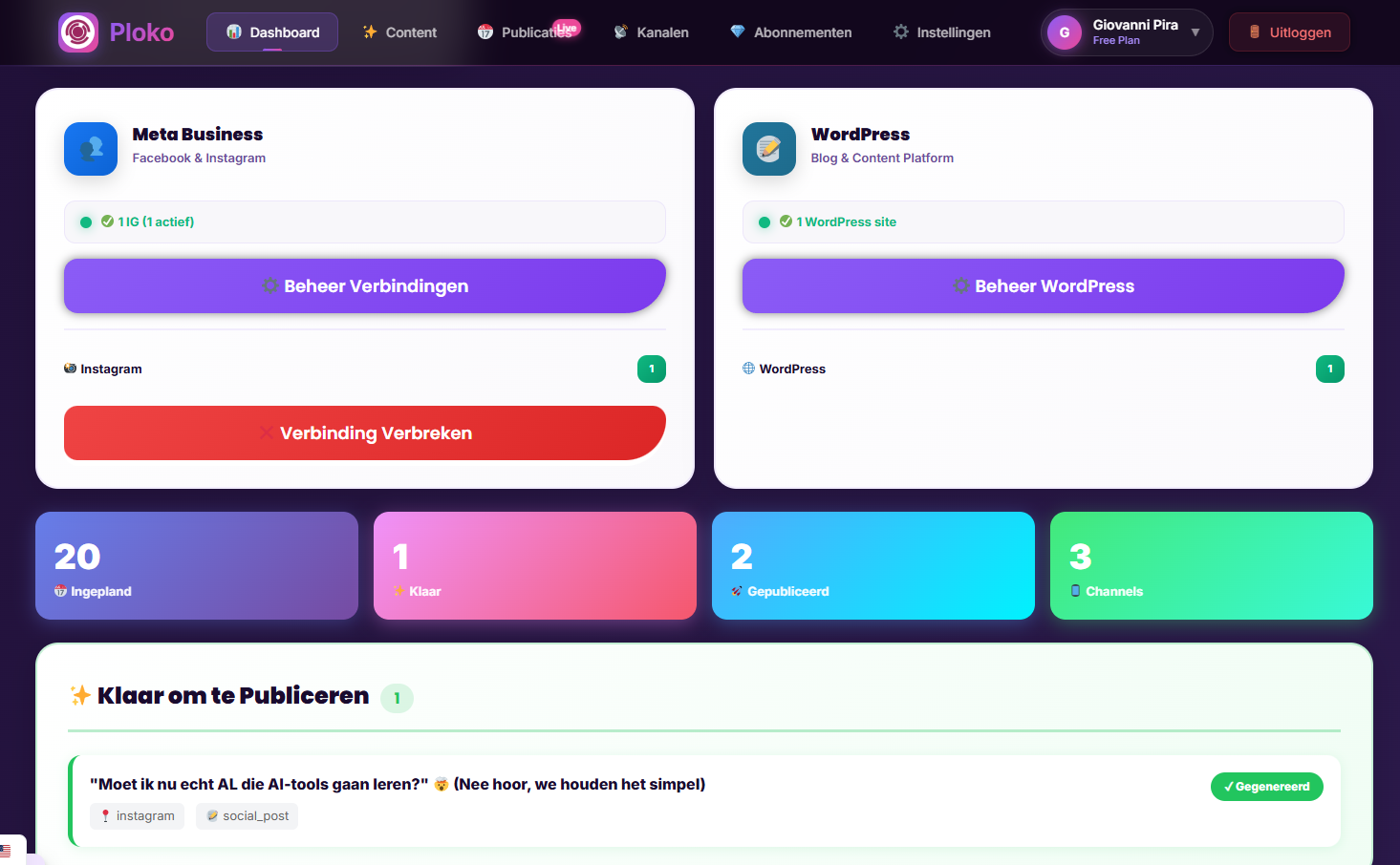 Ploko SaaS-platform: één dashboard voor AI-marketing, websites en social media